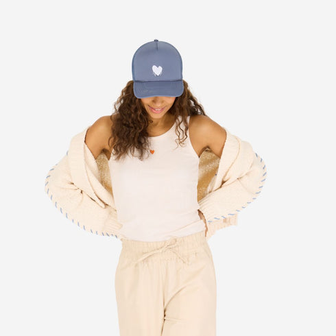 Natural sienna open front cardigan made of 100% cotton slub with heart elbows and embroidered smiley - Cute women's cardigans by Kerri Rosenthal