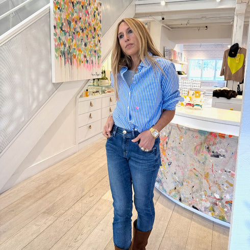 Mia stripe light blue cotton button-up shirt with long sleeve, tiny pink heart and elbows patchwork - Cute women's designer staple shirts by Kerri Rosenthal