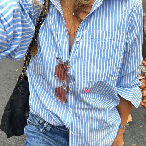 Mia stripe light blue cotton button-up shirt with long sleeve, tiny pink heart and elbows patchwork - Cute women's designer staple shirts by Kerri Rosenthal