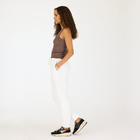 Weekend Cinch Sweatpant 100% cotton french terry with embroidered heart patch detail at the back hip - Cute women's pants by Kerri Rosenthal