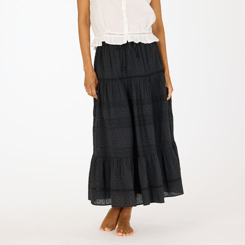 Vacance black midi skirt made of 100% cotton, elastic waistband, drawcord, heart embroidery and tiered layers - Cute women's skirts by Kerri Rosenthal