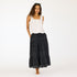 Vacance black midi skirt made of 100% cotton, elastic waistband, drawcord, heart embroidery and tiered layers - Cute women's skirts by Kerri Rosenthal