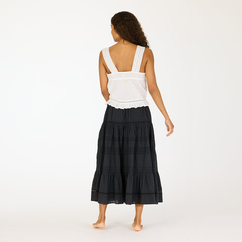 Vacance black midi skirt made of 100% cotton, elastic waistband, drawcord, heart embroidery and tiered layers - Cute women's skirts by Kerri Rosenthal