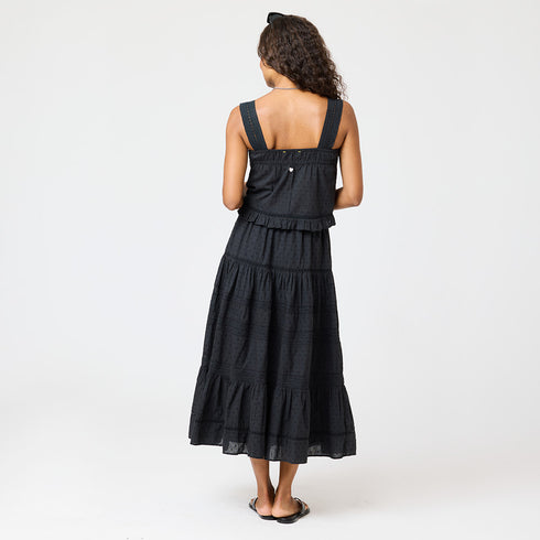 Vacance black midi skirt made of 100% cotton, elastic waistband, drawcord, heart embroidery and tiered layers - Cute women's skirts by Kerri Rosenthal