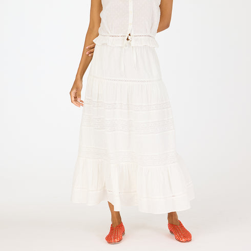 Vacance white midi skirt made of 100% cotton, elastic waistband, drawcord, heart embroidery and tiered layers - Cute women's skirts by Kerri Rosenthal