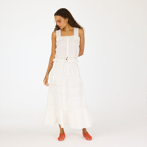 Vacance white midi skirt made of 100% cotton, elastic waistband, drawcord, heart embroidery and tiered layers - Cute women's skirts by Kerri Rosenthal