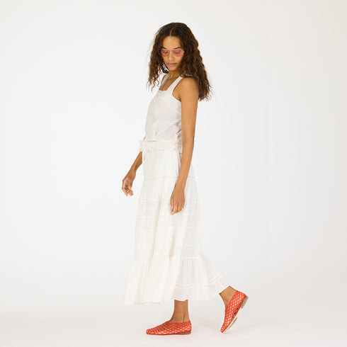 Vacance white midi skirt made of 100% cotton, elastic waistband, drawcord, heart embroidery and tiered layers - Cute women's skirts by Kerri Rosenthal