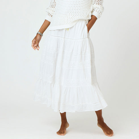 Vacance white midi skirt made of 100% cotton, elastic waistband, drawcord, heart embroidery and tiered layers - Cute women's skirts by Kerri Rosenthal