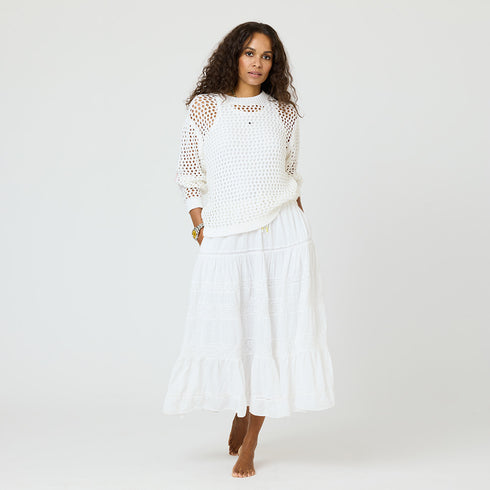 Vacance white midi skirt made of 100% cotton, elastic waistband, drawcord, heart embroidery and tiered layers - Cute women's skirts by Kerri Rosenthal