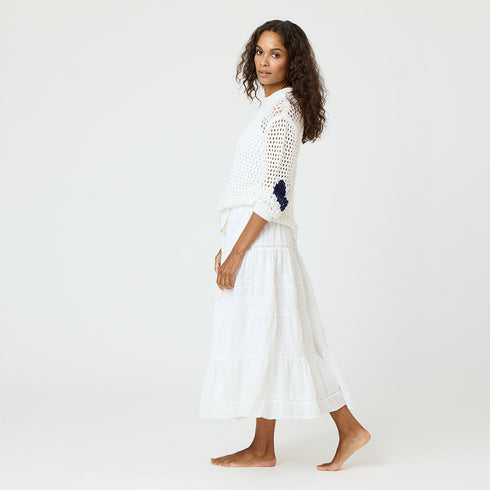 Vacance white midi skirt made of 100% cotton, elastic waistband, drawcord, heart embroidery and tiered layers - Cute women's skirts by Kerri Rosenthal