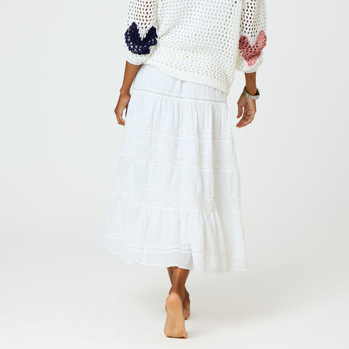 Vacance white midi skirt made of 100% cotton, elastic waistband, drawcord, heart embroidery and tiered layers - Cute women's skirts by Kerri Rosenthal