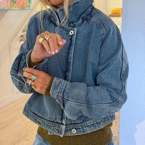 Blue Summer Denim Jacket made of 100% cotton denim with Imperfect heart elbow patches - Cute women's jackets by Kerri Rosenthal