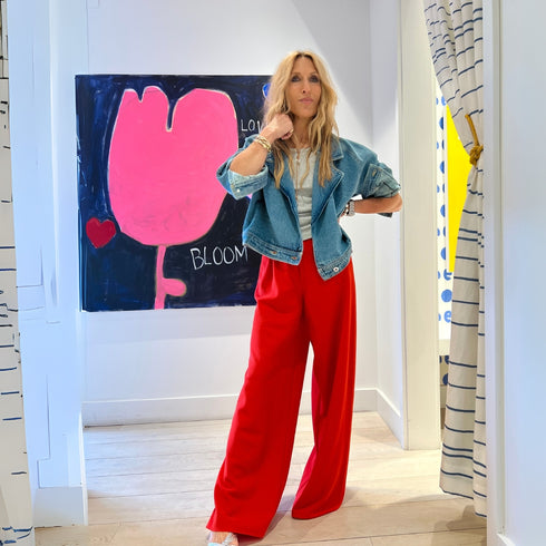 Blue Summer Denim Jacket made of 100% cotton denim with red ali pant 100% poly crepe - Cute women's jackets by Kerri Rosenthal