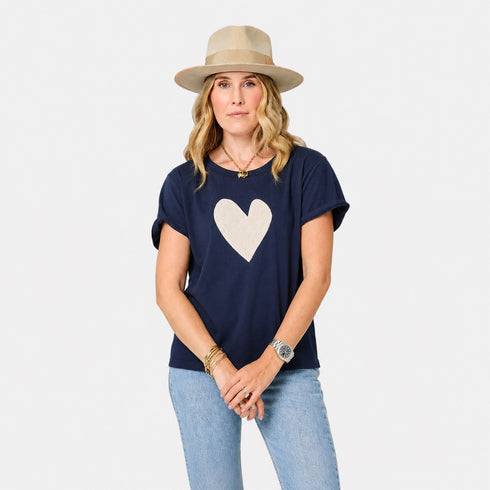 Suke imperfect heart indigo blue tee in 100% cotton with a beige heart - Shop women's cute tees by Kerri Rosenthal