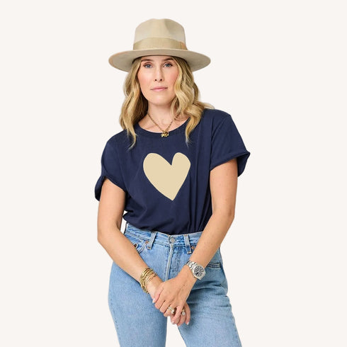 Suke imperfect heart indigo blue tee in 100% cotton with a beige heart - Shop women's cute tees by Kerri Rosenthal