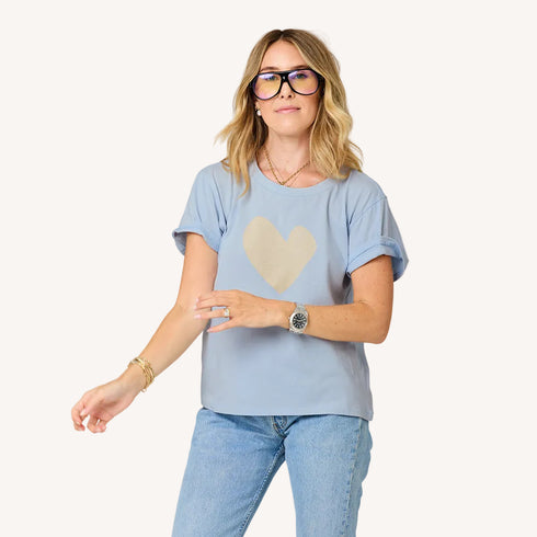 Suke imperfect heart french blue tee in 100% cotton with a beige heart - Shop women's cute tees by Kerri Rosenthal