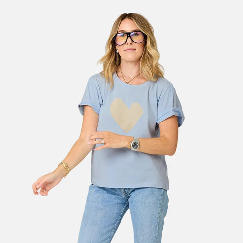 Suke imperfect heart french blue tee in 100% cotton with a beige heart - Shop women's cute tees by Kerri Rosenthal