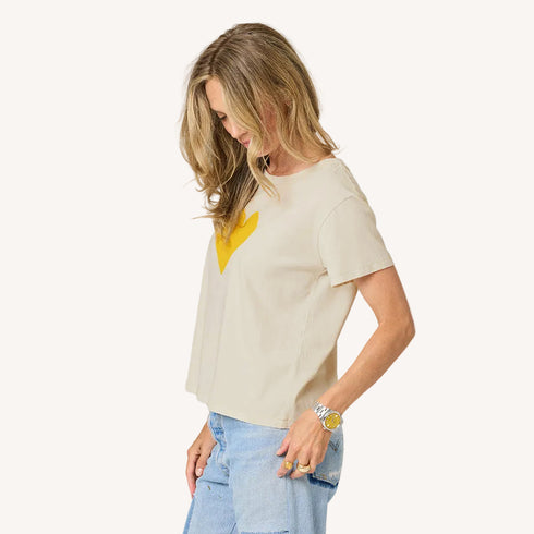 Suke imperfect heart off-white tee in 100% cotton with a yellow heart - Shop women's cute tees by Kerri Rosenthal