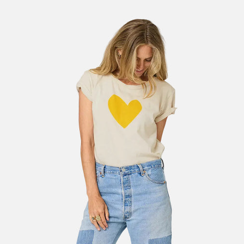 Suke imperfect heart off-white tee in 100% cotton with a yellow heart - Shop women's cute tees by Kerri Rosenthal
