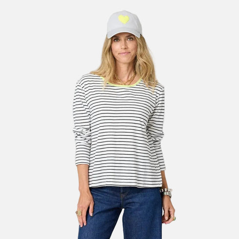 KR long sleeve black and white stripe tee in 100% cotton jersey with grey baseball cap hat by Kerri Rosenthal