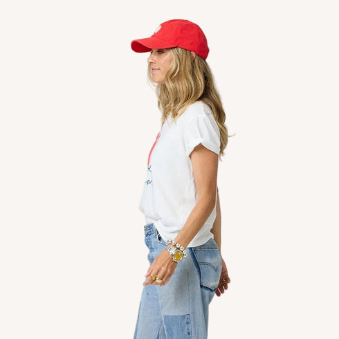 Suke white women's cotton tee with red baseball cap hat by Kerri Rosenthal