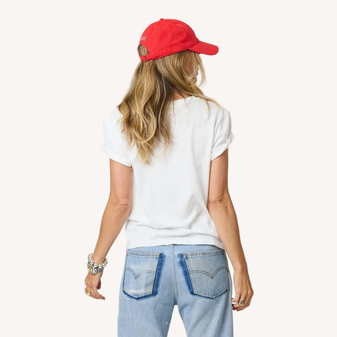 Suke white women's cotton tee with red baseball cap hat by Kerri Rosenthal