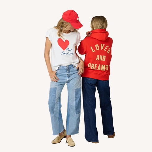 Suke white women's cotton tee with red hoodie sweatshirt and red baseball cap hat by Kerri Rosenthal