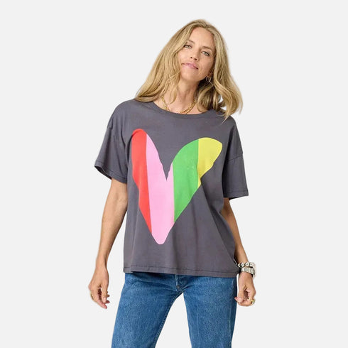 Tommy Happy Heart multicolor tee in 100% cotton with a striped heart graphic print by Kerri Rosenthal