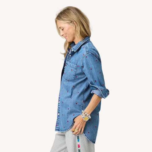 Mia Tiny Hearts button-front blue shirt in 100% cotton denim - Shop women's button-front shirts by Kerri Rosenthal