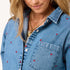 Mia Tiny Hearts button-front blue shirt in 100% cotton denim with 'Tiny Hearts' artwork.