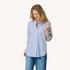 Mia ruffle stripe multicolor button-down shirt in 100% cotton with ruffle neck and a tiny heart - Shop women's cute button-up shirts by Kerri Rosenthal