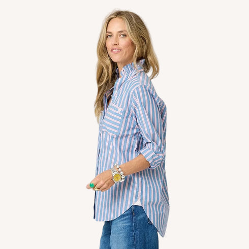 Mia ruffle stripe multicolor button-down shirt in 100% cotton with ruffle neck and a tiny heart by Kerri Rosenthal