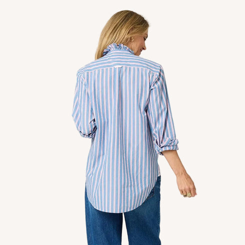 Mia ruffle stripe multicolor button-down shirt in 100% cotton with ruffle neck and a tiny heart - Women's button-up shirts by Kerri Rosenthal