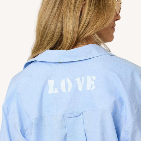 Tia love rises cropped button-down blue shirt in 100% cotton poplin with stamped art - Cute women's button-up shirts by Kerri Rosenthal