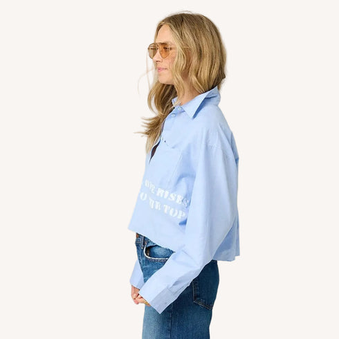 Tia love rises cropped button-down blue shirt in 100% cotton poplin with stamped art by Kerri Rosenthal
