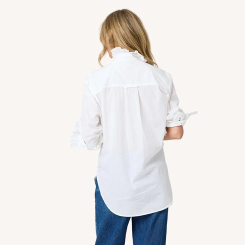 Mia ruffle button-down white shirt in 100% cotton with a tiny heart and ruffle neck by Kerri Rosenthal