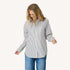 Mia button-front black and white stripe shirt in 100% cotton with heart elbow patches by Kerri Rosenthal