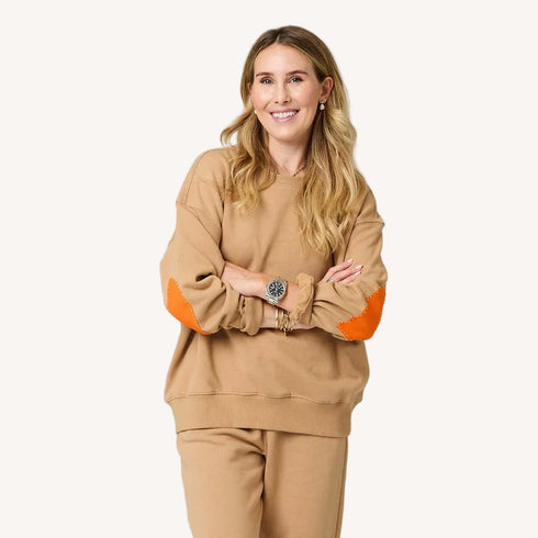 The Ex-Boyfriend camel sweatshirt in 100% cotton fleece with heart patch elbows - Shop women's sweatshirts by Kerri Rosenthal