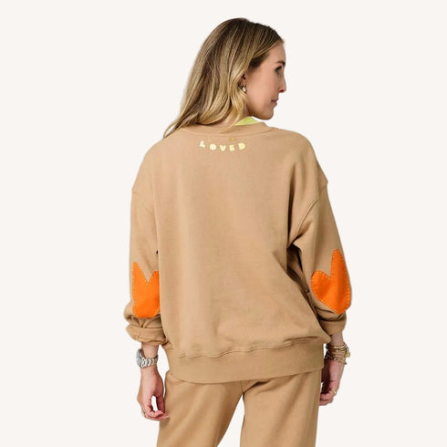The Ex-Boyfriend camel sweatshirt in 100% cotton fleece with heart patch elbows - Shop women's sweatshirts by Kerri Rosenthal