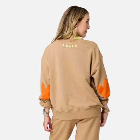 The Ex-Boyfriend camel sweatshirt in 100% cotton fleece with heart patch elbows - Shop women's sweatshirts by Kerri Rosenthal