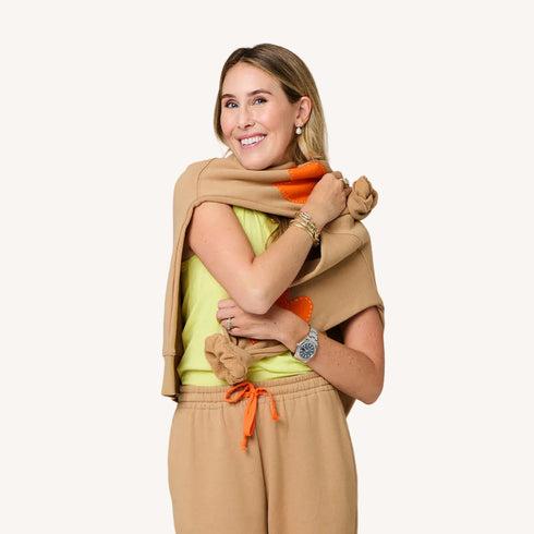 The Ex-Boyfriend camel sweatshirt in 100% cotton fleece with heart patch elbows - Shop women's sweatshirts by Kerri Rosenthal