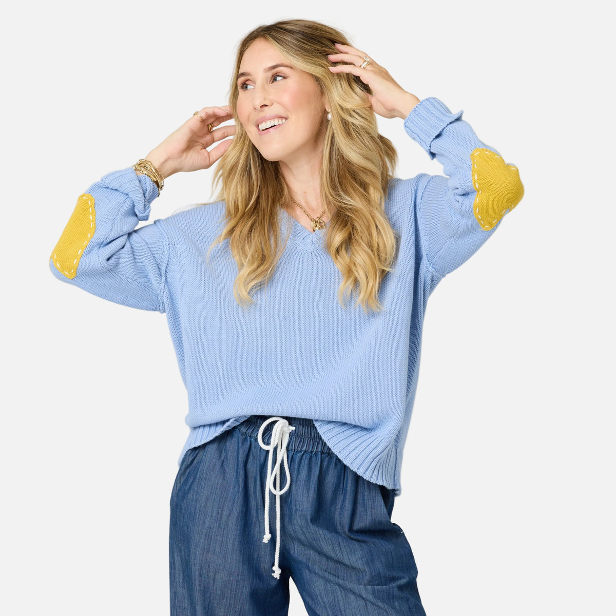Frenchy Cotton Knit V-Neck French Blue Sweater – KERRI ROSENTHAL