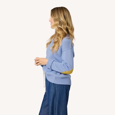 Frenchy light blue sweater in 100% cotton knit with heart patchwork elbows by Kerri Rosenthal