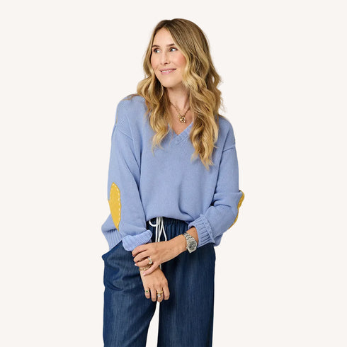 Frenchy v-neck french blue sweater in 100% cotton knit with heart patchwork elbows - Shop women's sweaters by Kerri Rosenthal