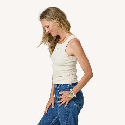 Off-white tank top in cotton blend with embroidered heart - Shop cute women's cotton tank tops by Kerri Rosenthal