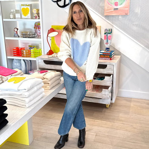 Ricki cream sweater in 100% ribbed cashmere with light blue heart artwork - Shop women's designer sweaters by Kerri Rosenthal