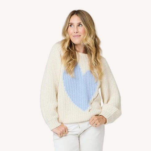 Ricki Imperfect Heart cream sweater in 100% ribbed cashmere with light blue heart artwork - Shop women's designer sweaters by Kerri Rosenthal