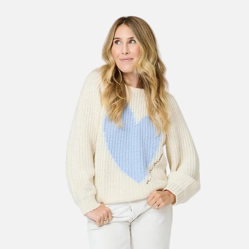 Ricki Imperfect Heart cream sweater in 100% ribbed cashmere with light blue heart artwork - Shop women's designer sweaters by Kerri Rosenthal
