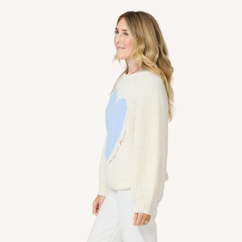 Ricki Imperfect Heart cream sweater in 100% ribbed cashmere with light blue heart artwork - Cute women's sweaters by Kerri Rosenthal