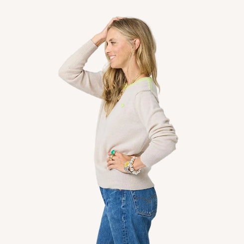 Whisper imperfect heart cashmere beige sweater with contrast neckline by Kerri Rosenthal